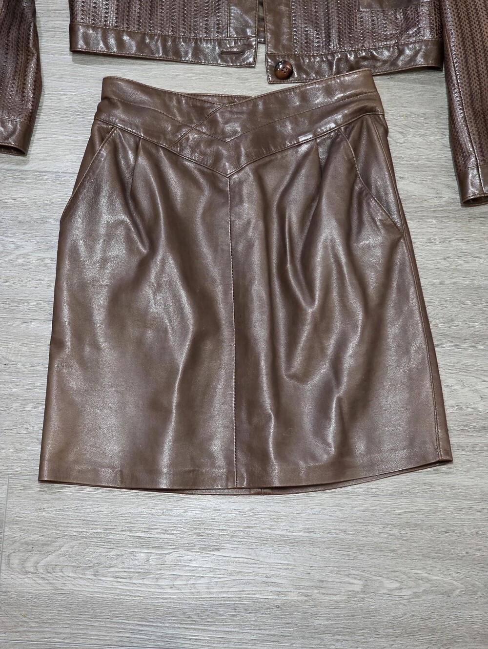 Vintage 80's Dita Martin Design Leather Jacket Sz 10 & Skirt Sz 8 Set Brown - Picture 2 of 11